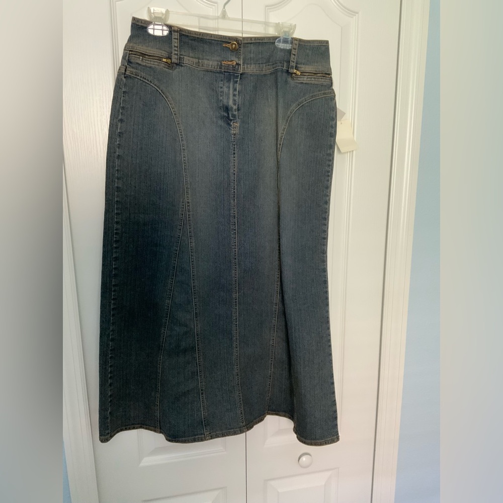 NWT CAbi Blue Denim Midi Skirt